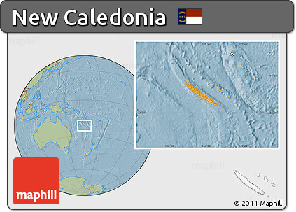 Political Location Map of New Caledonia, savanna style outside, hill shading