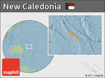 Political Location Map of New Caledonia, savanna style outside, hill shading