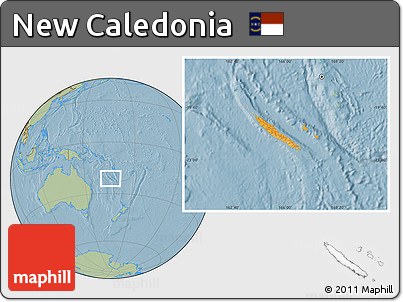 Political Location Map of New Caledonia, savanna style outside, hill shading