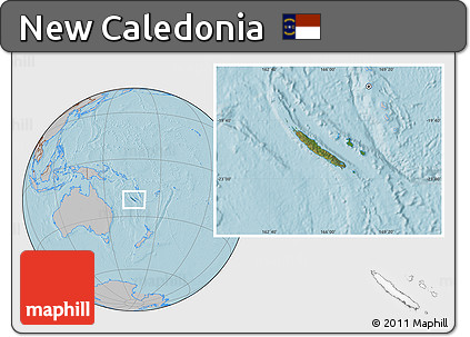 Satellite Location Map of New Caledonia, gray outside, hill shading