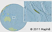 Satellite Location Map of New Caledonia, savanna style outside, hill shading