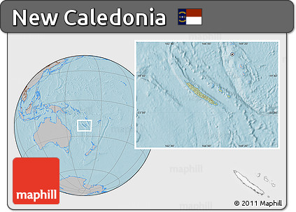 Savanna Style Location Map of New Caledonia, gray outside, hill shading