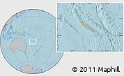 Savanna Style Location Map of New Caledonia, gray outside, hill shading