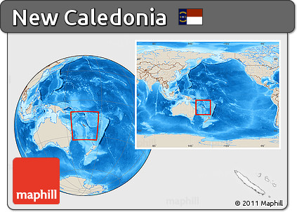 Shaded Relief Location Map of New Caledonia, within the entire continent