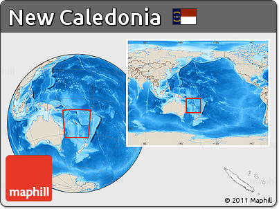 Shaded Relief Location Map of New Caledonia, within the entire continent