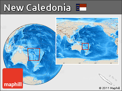 Shaded Relief Location Map of New Caledonia, within the entire continent