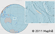 Shaded Relief Location Map of New Caledonia, gray outside, hill shading