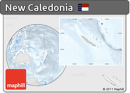 Shaded Relief Location Map of New Caledonia, lighten, semi-desaturated