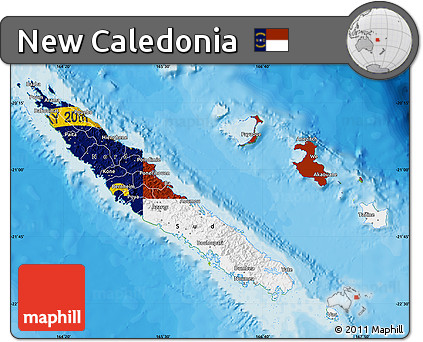 Flag Map of New Caledonia, physical outside, bathymetry sea, flag centered