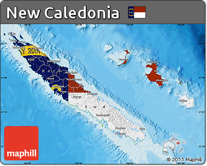 Flag Map of New Caledonia, physical outside, bathymetry sea, flag centered