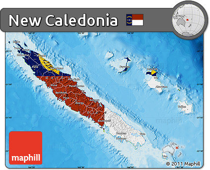 Flag Map of New Caledonia, physical outside, bathymetry sea, flag rotated