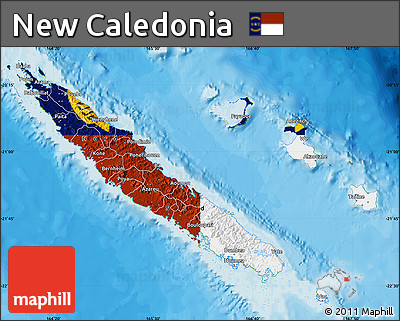 Flag Map of New Caledonia, physical outside, bathymetry sea, flag rotated