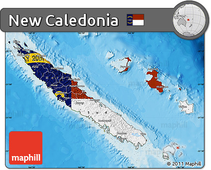 Flag Map of New Caledonia, satellite outside, bathymetry sea, flag centered