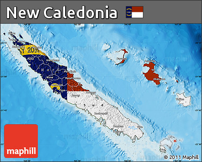 Flag Map of New Caledonia, satellite outside, bathymetry sea, flag centered