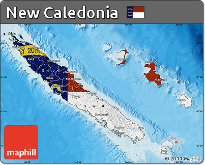 Flag Map of New Caledonia, satellite outside, bathymetry sea, flag centered