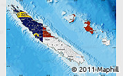 Flag Map of New Caledonia, satellite outside, bathymetry sea, flag centered