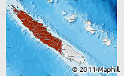 Flag Map of New Caledonia, satellite outside, bathymetry sea, flag aligned to the middle