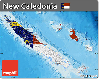Flag Map of New Caledonia, shaded relief outside, bathymetry sea, flag centered
