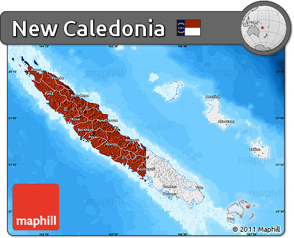 Flag Map of New Caledonia, single color outside, bathymetry sea, flag aligned to the middle