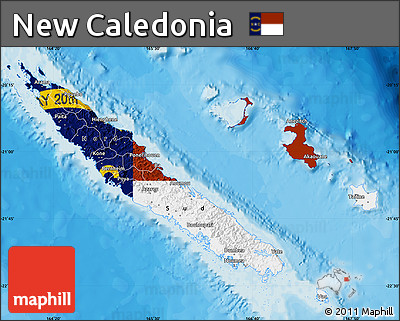 Flag Map of New Caledonia, single color outside, bathymetry sea, shaded relief sea, flag centered