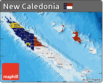 Flag Map of New Caledonia, single color outside, bathymetry sea, shaded relief sea, flag centered