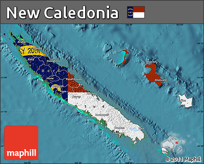 Flag Map of New Caledonia, single color outside, satellite sea, flag centered