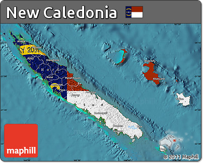 Flag Map of New Caledonia, single color outside, satellite sea, flag centered