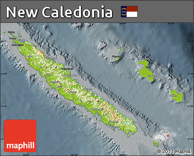 Physical Map of New Caledonia, darken, semi-desaturated