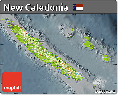 Physical Map of New Caledonia, darken, semi-desaturated