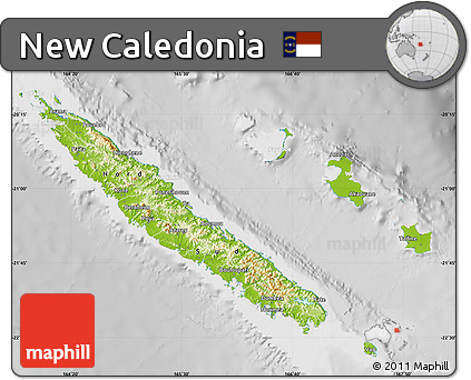 Physical Map of New Caledonia, lighten, desaturated