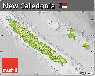 Physical Map of New Caledonia, lighten, desaturated