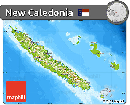 Physical Map of New Caledonia, single color outside, bathymetry sea