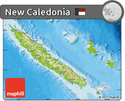 Physical Map of New Caledonia, single color outside, bathymetry sea, shaded relief sea