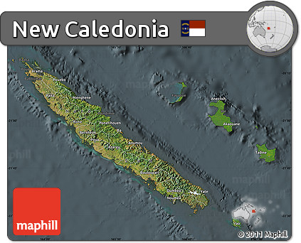 Satellite Map of New Caledonia, darken, semi-desaturated