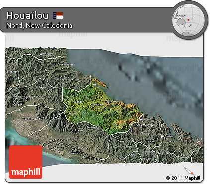 Satellite 3D Map of Houaïlou, semi-desaturated