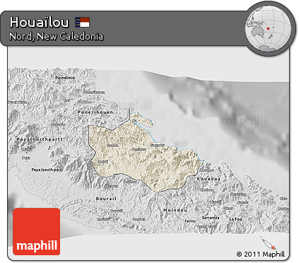 Shaded Relief 3D Map of Houaïlou, desaturated