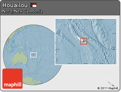 Savanna Style Location Map of Houaïlou, highlighted parent region, within the entire country, hill shading