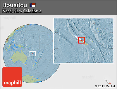 Savanna Style Location Map of Houaïlou, highlighted parent region, within the entire country, hill shading