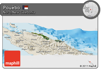 Satellite Panoramic Map of Pouébo, shaded relief outside