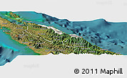 Shaded Relief Panoramic Map of Pouébo, satellite outside