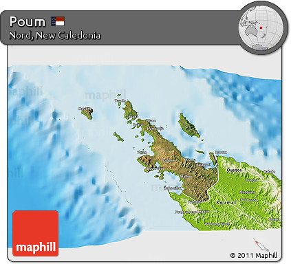 Satellite 3D Map of Poum, physical outside