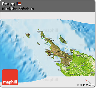 Satellite 3D Map of Poum, physical outside