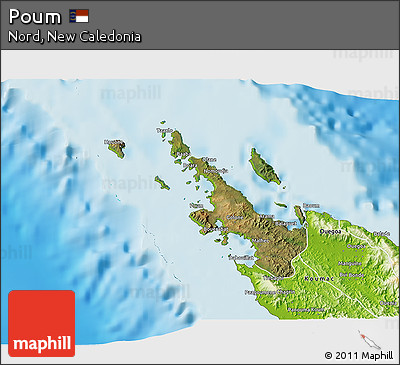 Satellite 3D Map of Poum, physical outside