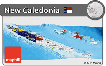 Flag Panoramic Map of New Caledonia, physical outside, bathymetry sea, flag centered