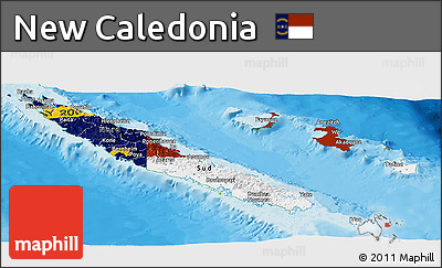 Flag Panoramic Map of New Caledonia, physical outside, bathymetry sea, flag centered