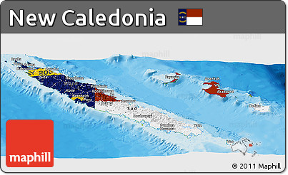 Flag Panoramic Map of New Caledonia, physical outside, bathymetry sea, flag centered