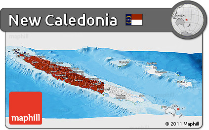 Flag Panoramic Map of New Caledonia, physical outside, bathymetry sea, flag aligned to the middle