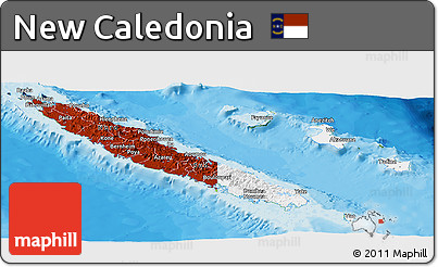 Flag Panoramic Map of New Caledonia, physical outside, bathymetry sea, flag aligned to the middle