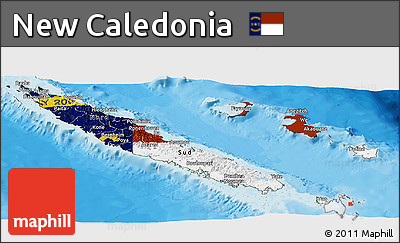 Flag Panoramic Map of New Caledonia, satellite outside, bathymetry sea, flag centered