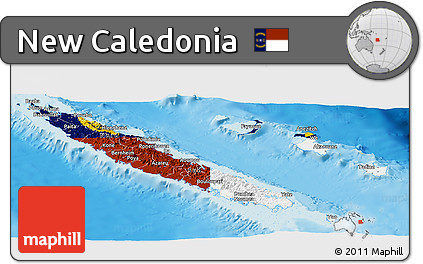 Flag Panoramic Map of New Caledonia, shaded relief outside, flag rotated